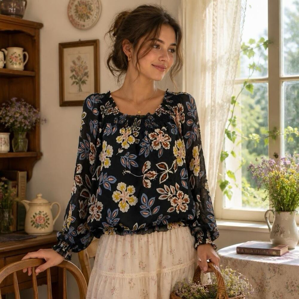 Tory Burch Off The Shoulder Silk Tunic Blouse Boho Floral CottageCore Women 14